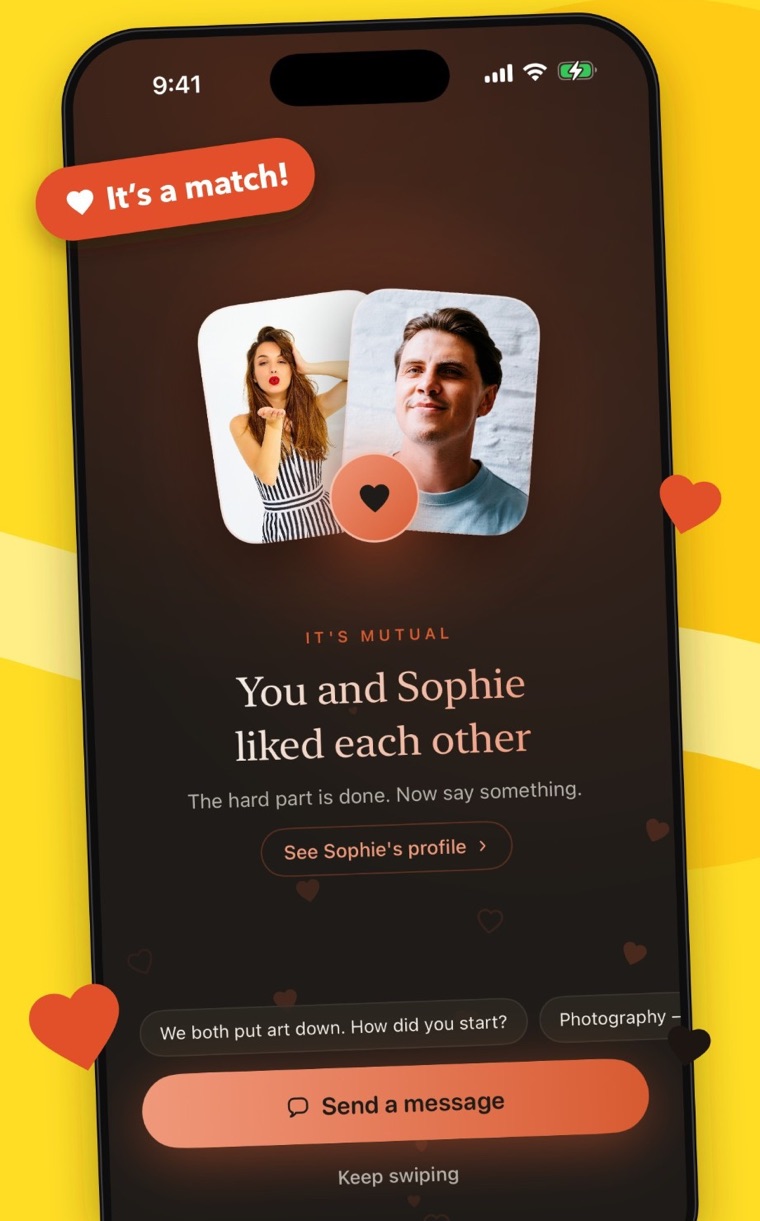 It’s a match screen: You and Sophie liked each other, with suggested opening lines
