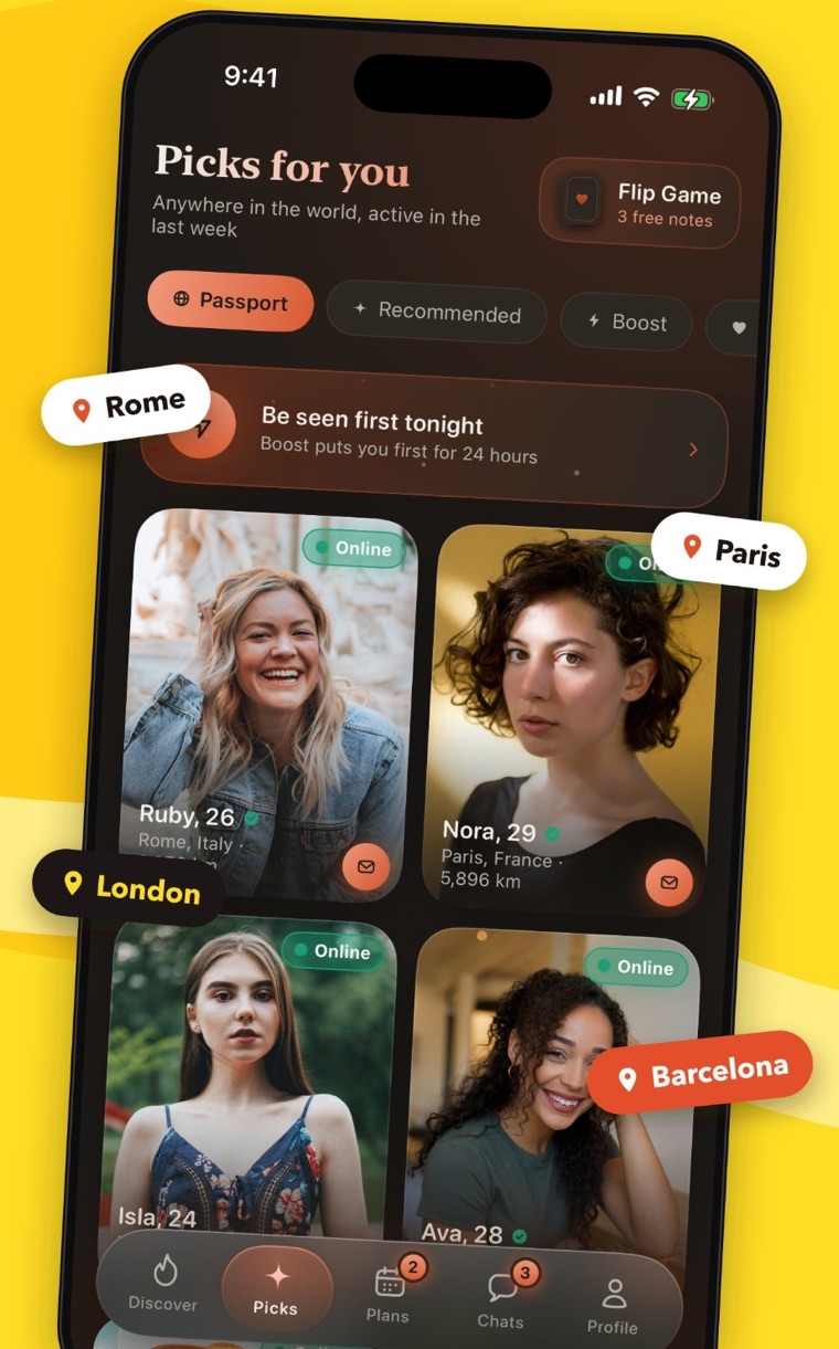 Picks for you in Passport mode, showing people in Rome, Paris and other cities